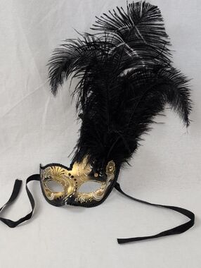 VENETIAN Gold and Black Feathered Masquerade Mask